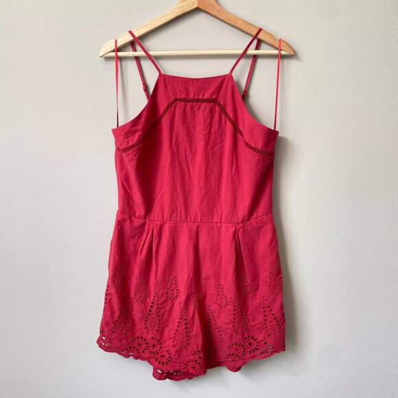 Blue Rain Women's Medium Sleeveless High Neck Boho Eyelet Scalloped Red Romper - Picture 1 of 11